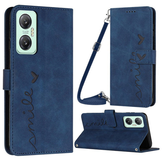 For Infinix Hot 20 5G PU Leather Cover Imprinted Heart Shape Wallet Stand Case with Shoulder Strap - Sapphire