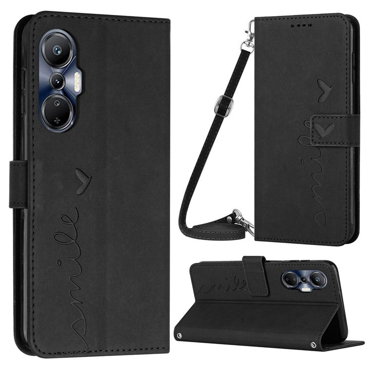 For Infinix Hot 20S 4G PU Leather Case Heart Shape Imprinted Wallet Stand Flip Cover with Shoulder Strap - Black