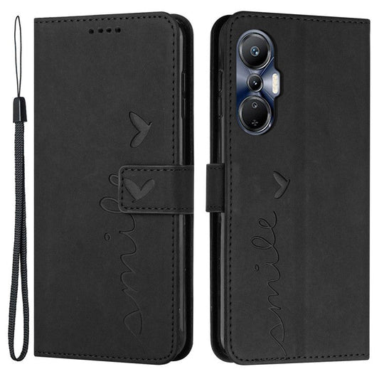 For Infinix Hot 20S 4G Imprinted Heart Shape PU Leather Case Skin-Touch Feeling Stand Wallet Shockproof Phone Cover with Strap - Black