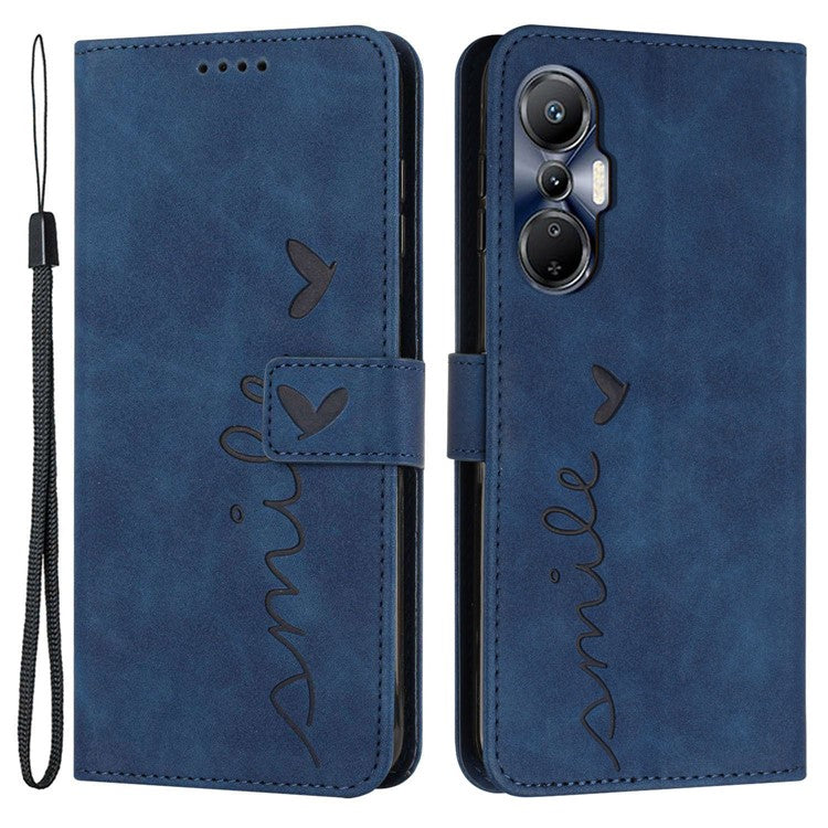 For Infinix Hot 20S 4G Imprinted Heart Shape PU Leather Case Skin-Touch Feeling Stand Wallet Shockproof Phone Cover with Strap - Sapphire