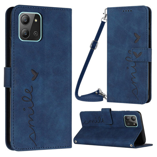 For Infinix Hot 11 2022 4G PU Leather Flip Folio Case Imprinted Heart Shape Stand Wallet Cover with Shoulder Strap - Sapphire