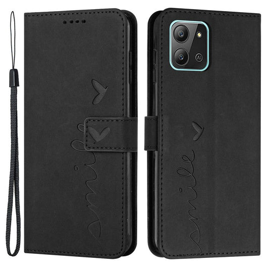 For Infinix Hot 11 2022 4G Flip Wallet Case Stand Imprinted Heart Shape PU Leather Phone Cover with Strap - Black