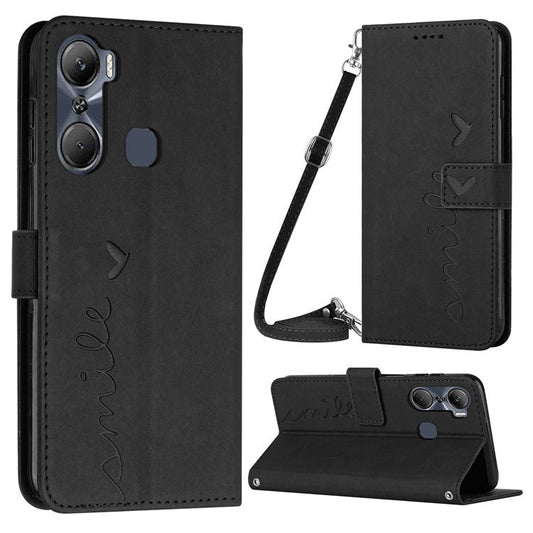 For Infinix Hot 12 Pro 4G PU Leather Case Imprinted Heart Shape Wallet Stand Shockproof Cover with Shoulder Strap - Black