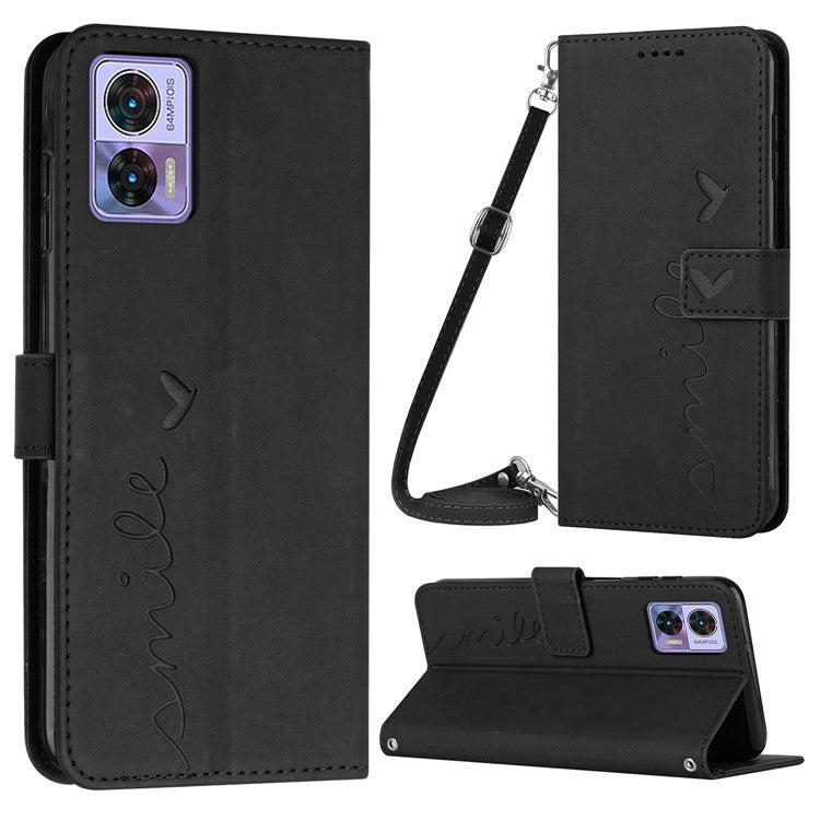 For Motorola Edge 30 Neo 5G / Edge 30 Lite Imprinted Heart Shape Wallet Case Skin-touch Feeling PU Leather Stand Magnetic Flip Phone Cover with Shoulder Strap - Black