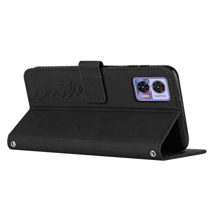 For Motorola Edge 30 Neo 5G / Edge 30 Lite Imprinted Heart Shape Wallet Case Skin-touch Feeling PU Leather Stand Magnetic Flip Phone Cover with Shoulder Strap - Black