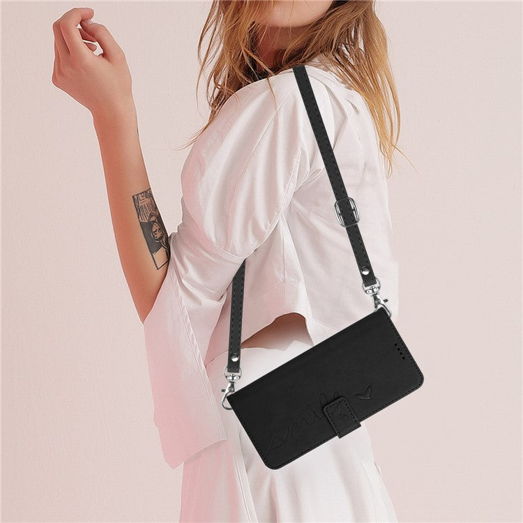 For Motorola Edge 30 Neo 5G / Edge 30 Lite Imprinted Heart Shape Wallet Case Skin-touch Feeling PU Leather Stand Magnetic Flip Phone Cover with Shoulder Strap - Black