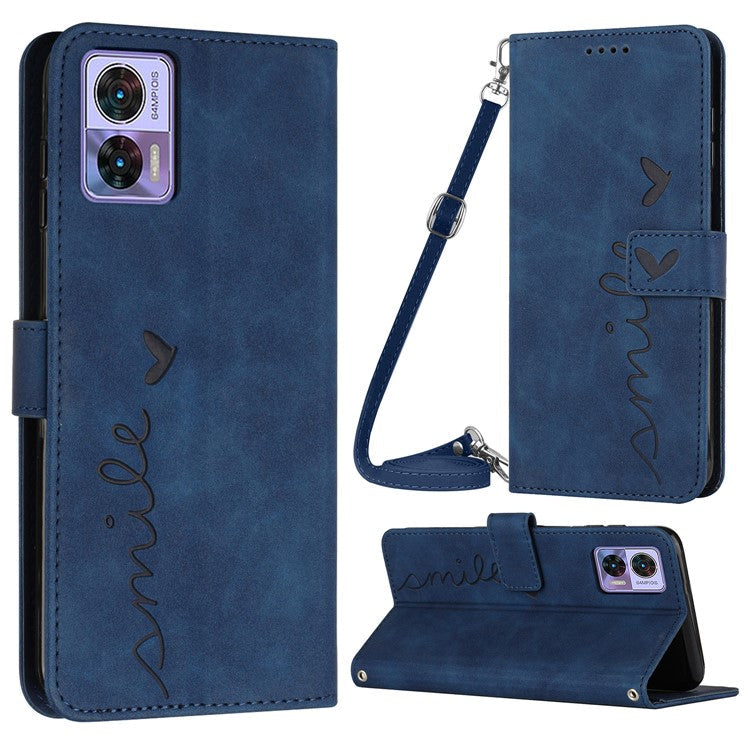 For Motorola Edge 30 Neo 5G / Edge 30 Lite Imprinted Heart Shape Wallet Case Skin-touch Feeling PU Leather Stand Magnetic Flip Phone Cover with Shoulder Strap - Sapphire