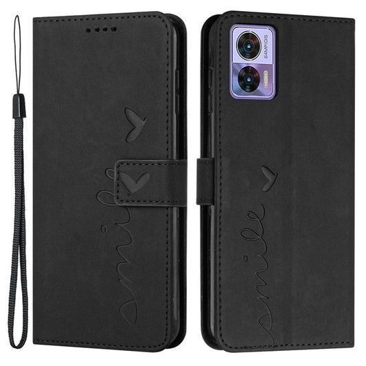 For Motorola Edge 30 Neo 5G / Edge 30 Lite Skin-touch PU Leather Phone Flip Wallet Case Stand Imprinted Heart Shape Magnetic Scratch-resistant Phone Cover with Strap - Black