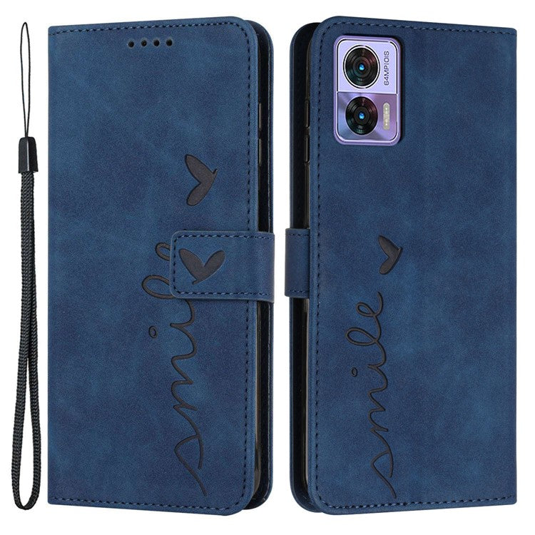 For Motorola Edge 30 Neo 5G / Edge 30 Lite Skin-touch PU Leather Phone Flip Wallet Case Stand Imprinted Heart Shape Magnetic Scratch-resistant Phone Cover with Strap - Sapphire