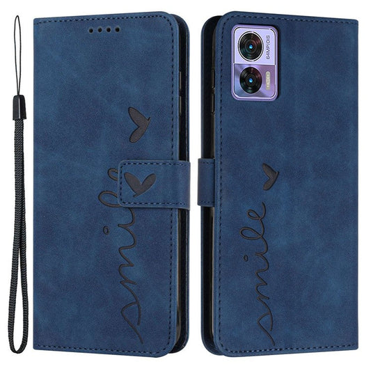 For Motorola Edge 30 Neo 5G / Edge 30 Lite Skin-touch PU Leather Phone Flip Wallet Case Stand Imprinted Heart Shape Magnetic Scratch-resistant Phone Cover with Strap - Sapphire