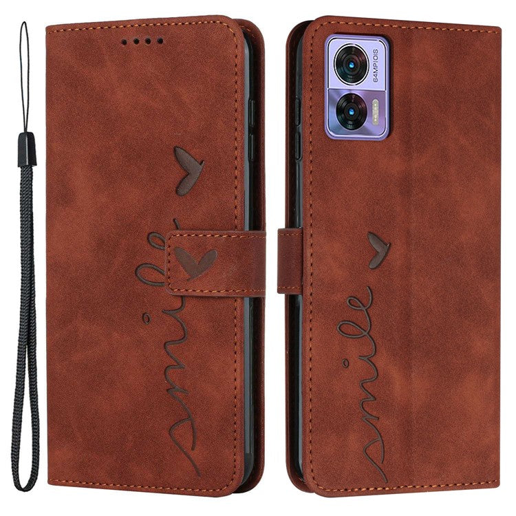 For Motorola Edge 30 Neo 5G / Edge 30 Lite Skin-touch PU Leather Phone Flip Wallet Case Stand Imprinted Heart Shape Magnetic Scratch-resistant Phone Cover with Strap - Brown