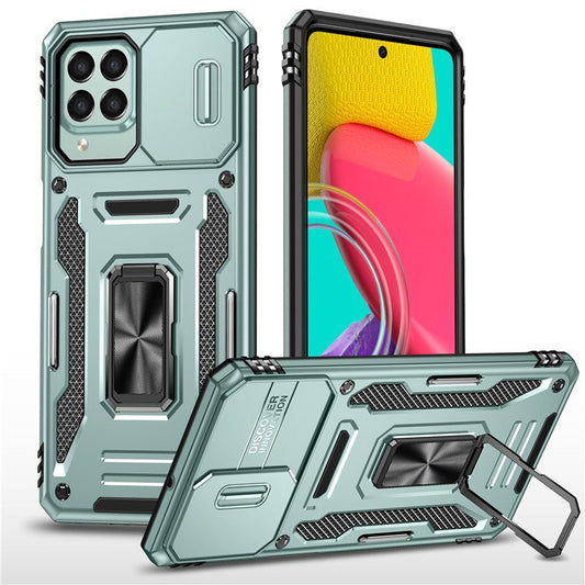 Armor Series for Samsung Galaxy M53 5G Kickstand Design Bump Proof Phone Case PC + TPU Protective Back Cover with Slide Camera Cover - Green