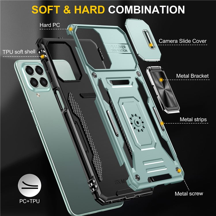 Armor Series for Samsung Galaxy M53 5G Kickstand Design Bump Proof Phone Case PC + TPU Protective Back Cover with Slide Camera Cover - Green