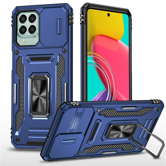 Armor Series for Samsung Galaxy M53 5G Kickstand Design Bump Proof Phone Case PC + TPU Protective Back Cover with Slide Camera Cover - Navy Blue