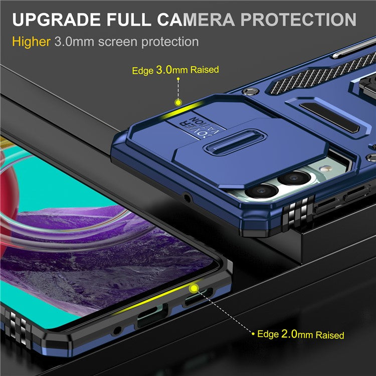 Armor Series for Samsung Galaxy M53 5G Kickstand Design Bump Proof Phone Case PC + TPU Protective Back Cover with Slide Camera Cover - Navy Blue
