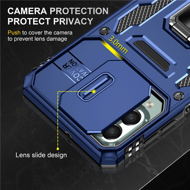 Armor Series for Samsung Galaxy M53 5G Kickstand Design Bump Proof Phone Case PC + TPU Protective Back Cover with Slide Camera Cover - Navy Blue