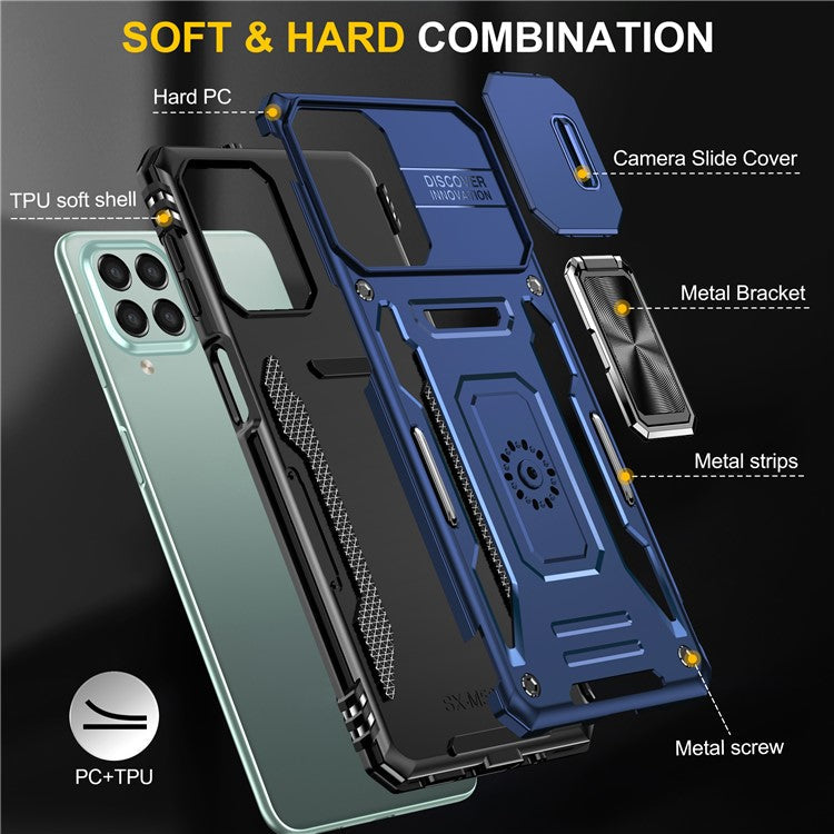 Armor Series for Samsung Galaxy M53 5G Kickstand Design Bump Proof Phone Case PC + TPU Protective Back Cover with Slide Camera Cover - Navy Blue