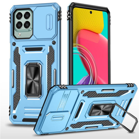 Armor Series for Samsung Galaxy M53 5G Kickstand Design Bump Proof Phone Case PC + TPU Protective Back Cover with Slide Camera Cover - Sky Blue