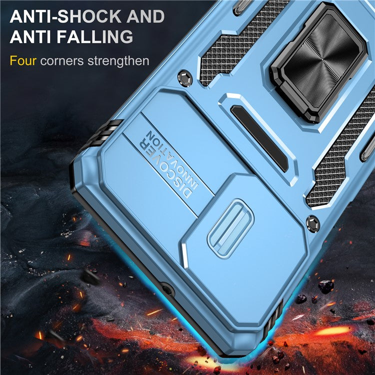 Armor Series for Samsung Galaxy M53 5G Kickstand Design Bump Proof Phone Case PC + TPU Protective Back Cover with Slide Camera Cover - Sky Blue