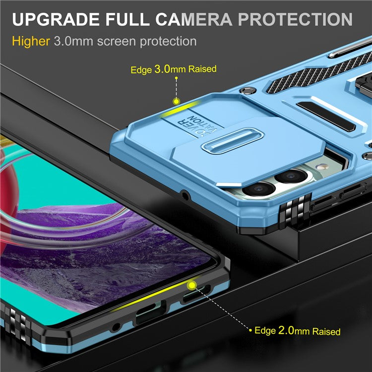 Armor Series for Samsung Galaxy M53 5G Kickstand Design Bump Proof Phone Case PC + TPU Protective Back Cover with Slide Camera Cover - Sky Blue