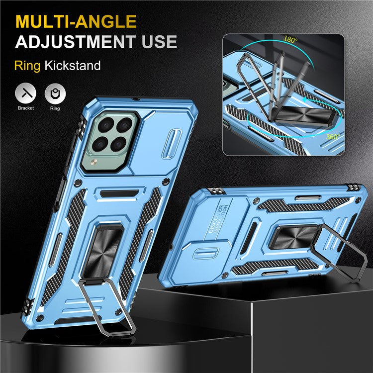 Armor Series for Samsung Galaxy M53 5G Kickstand Design Bump Proof Phone Case PC + TPU Protective Back Cover with Slide Camera Cover - Sky Blue