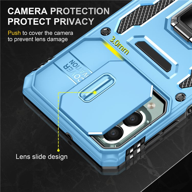 Armor Series for Samsung Galaxy M53 5G Kickstand Design Bump Proof Phone Case PC + TPU Protective Back Cover with Slide Camera Cover - Sky Blue