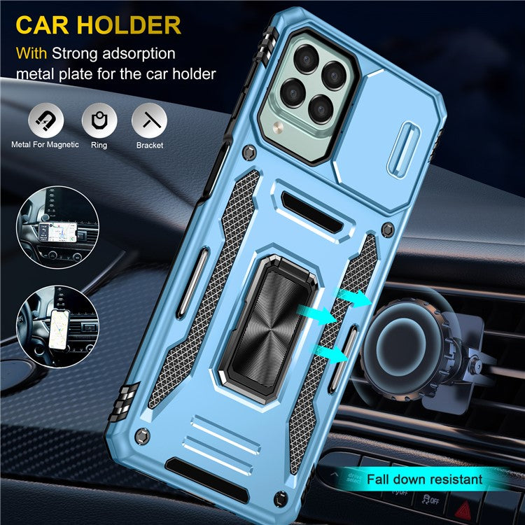 Armor Series for Samsung Galaxy M53 5G Kickstand Design Bump Proof Phone Case PC + TPU Protective Back Cover with Slide Camera Cover - Sky Blue