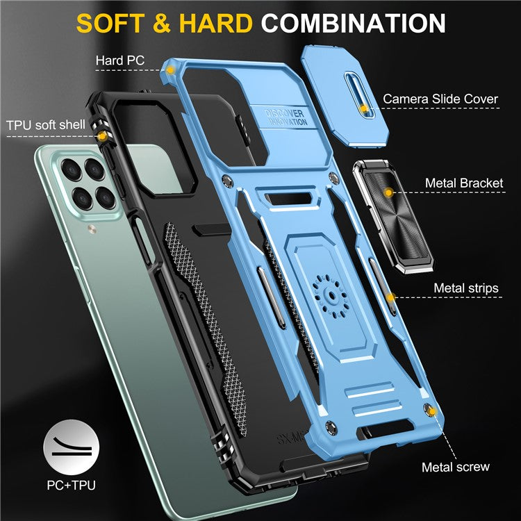 Armor Series for Samsung Galaxy M53 5G Kickstand Design Bump Proof Phone Case PC + TPU Protective Back Cover with Slide Camera Cover - Sky Blue