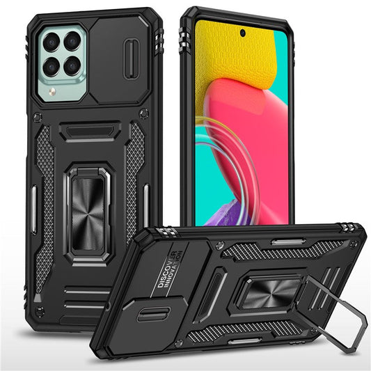 Armor Series for Samsung Galaxy M53 5G Kickstand Design Bump Proof Phone Case PC + TPU Protective Back Cover with Slide Camera Cover - Black