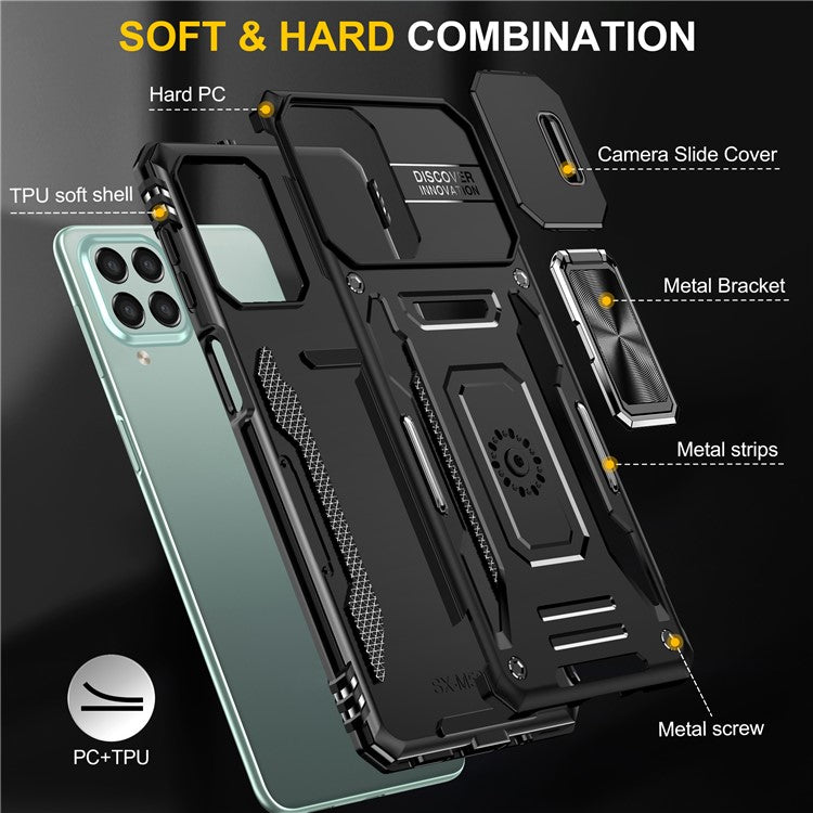 Armor Series for Samsung Galaxy M53 5G Kickstand Design Bump Proof Phone Case PC + TPU Protective Back Cover with Slide Camera Cover - Black