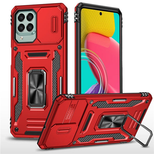 Armor Series for Samsung Galaxy M53 5G Kickstand Design Bump Proof Phone Case PC + TPU Protective Back Cover with Slide Camera Cover - Red