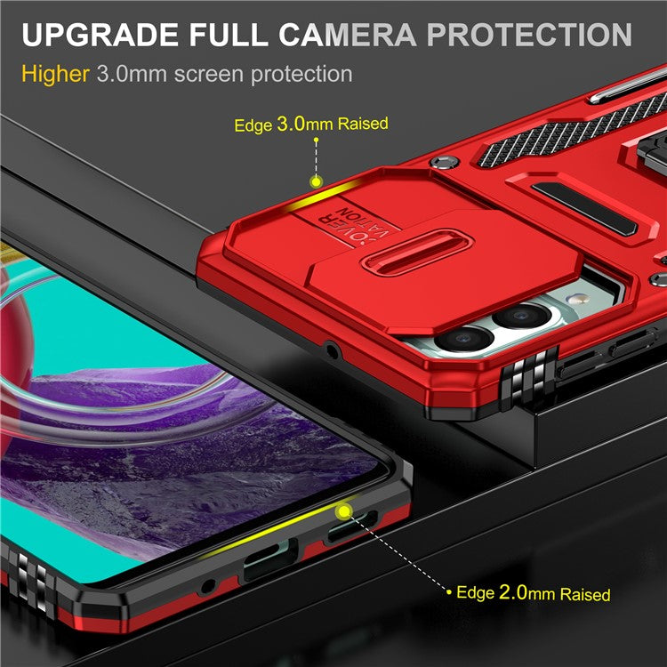 Armor Series for Samsung Galaxy M53 5G Kickstand Design Bump Proof Phone Case PC + TPU Protective Back Cover with Slide Camera Cover - Red