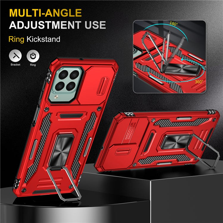 Armor Series for Samsung Galaxy M53 5G Kickstand Design Bump Proof Phone Case PC + TPU Protective Back Cover with Slide Camera Cover - Red