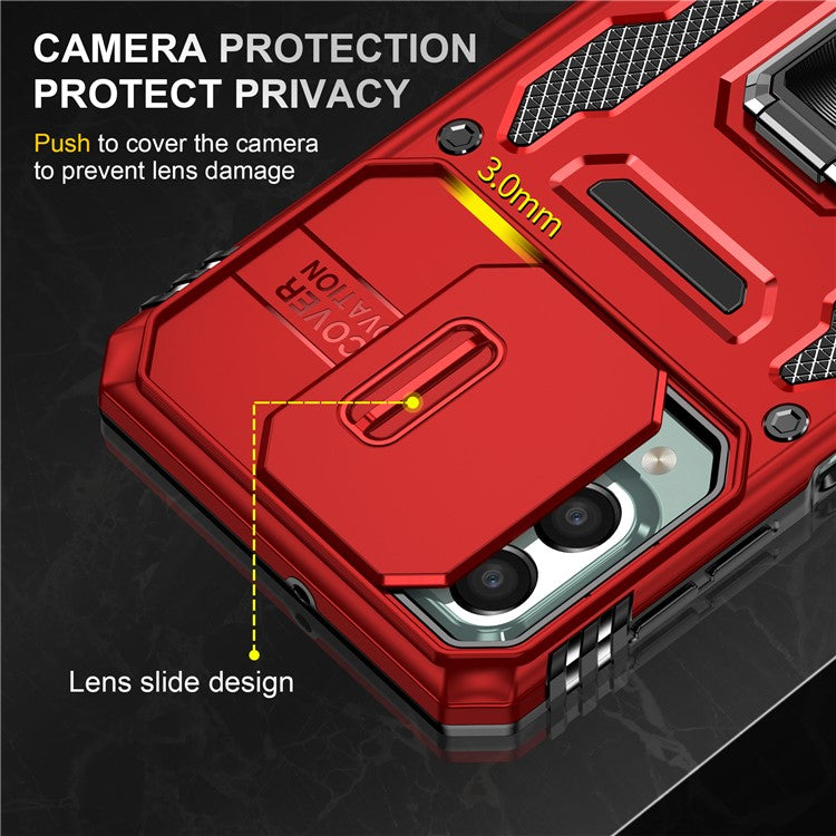 Armor Series for Samsung Galaxy M53 5G Kickstand Design Bump Proof Phone Case PC + TPU Protective Back Cover with Slide Camera Cover - Red