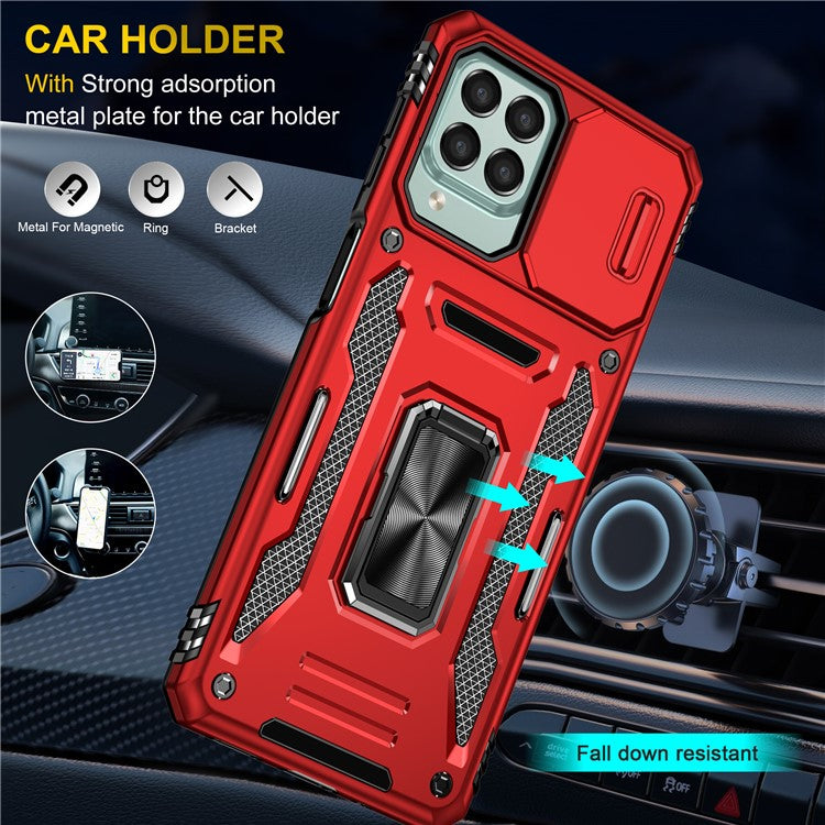 Armor Series for Samsung Galaxy M53 5G Kickstand Design Bump Proof Phone Case PC + TPU Protective Back Cover with Slide Camera Cover - Red