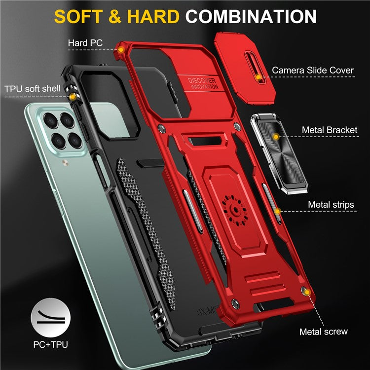 Armor Series for Samsung Galaxy M53 5G Kickstand Design Bump Proof Phone Case PC + TPU Protective Back Cover with Slide Camera Cover - Red