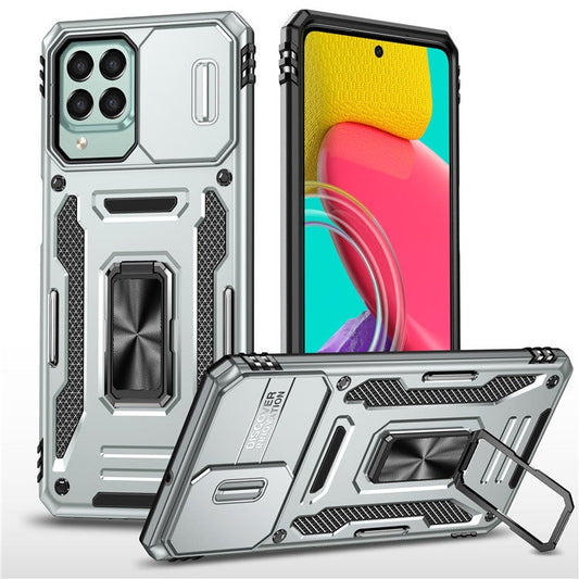 Armor Series for Samsung Galaxy M53 5G Kickstand Design Bump Proof Phone Case PC + TPU Protective Back Cover with Slide Camera Cover - Grey