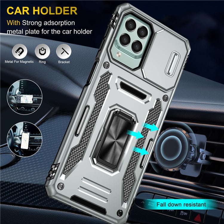 Armor Series for Samsung Galaxy M53 5G Kickstand Design Bump Proof Phone Case PC + TPU Protective Back Cover with Slide Camera Cover - Grey