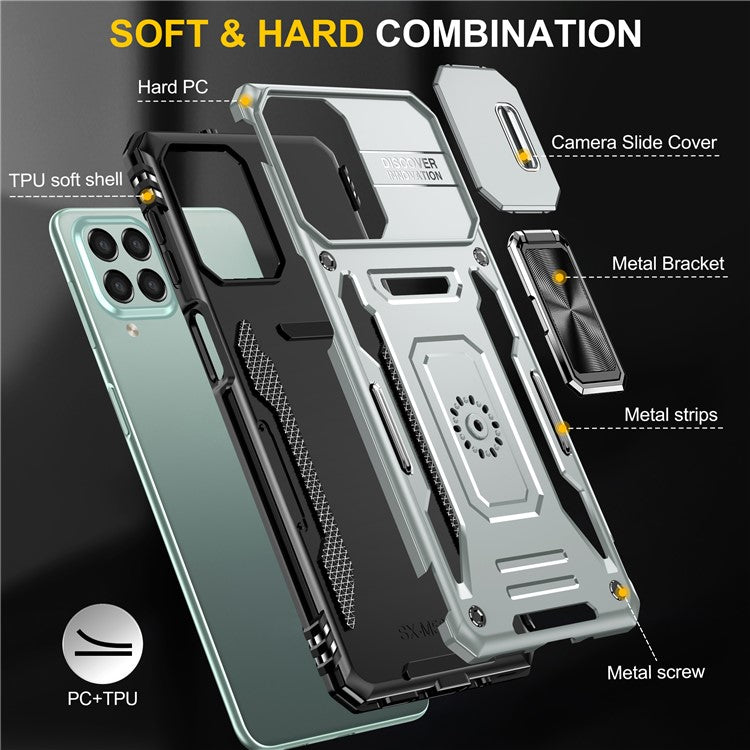 Armor Series for Samsung Galaxy M53 5G Kickstand Design Bump Proof Phone Case PC + TPU Protective Back Cover with Slide Camera Cover - Grey