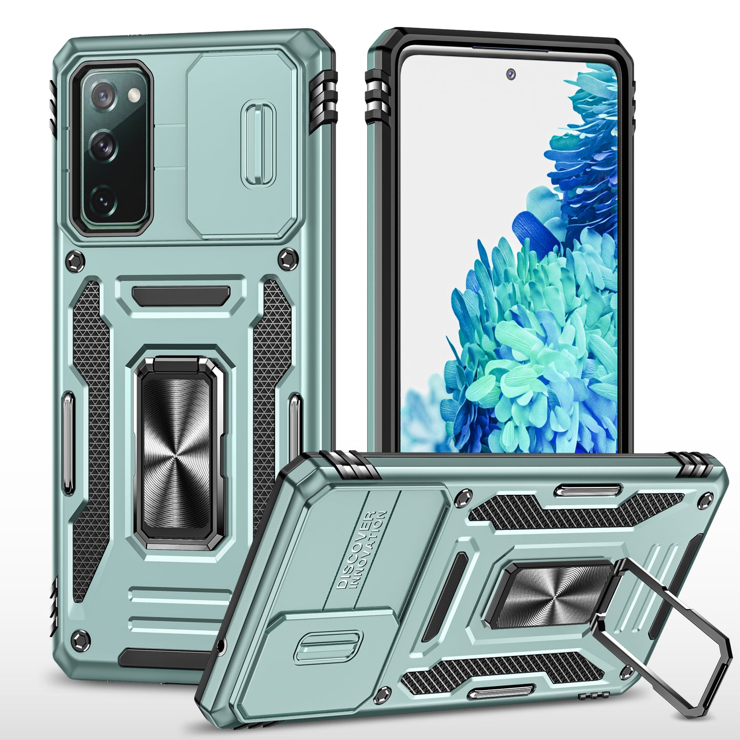 Armor Series for Samsung Galaxy S20 FE 4G / 5G / S20 FE 2022 / S20 Lite Kickstand Design Shockproof Phone Case PC + TPU Protective Back Cover with Slide Camera Cover - Green