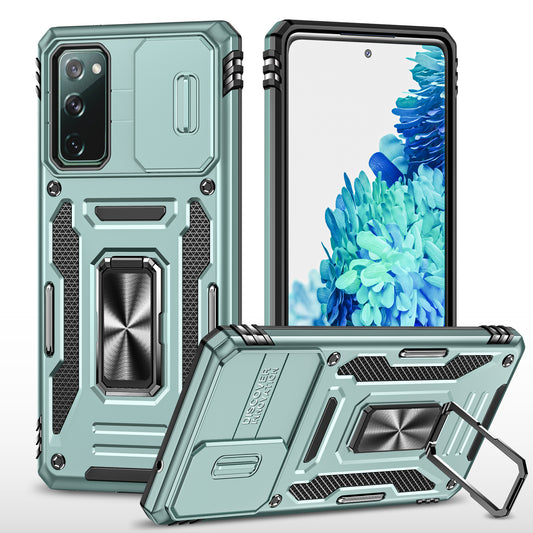 Armor Series for Samsung Galaxy S20 FE 4G / 5G / S20 FE 2022 / S20 Lite Kickstand Design Shockproof Phone Case PC + TPU Protective Back Cover with Slide Camera Cover - Green