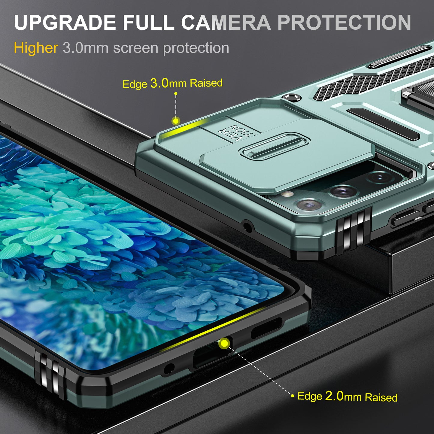 Armor Series for Samsung Galaxy S20 FE 4G / 5G / S20 FE 2022 / S20 Lite Kickstand Design Shockproof Phone Case PC + TPU Protective Back Cover with Slide Camera Cover - Green