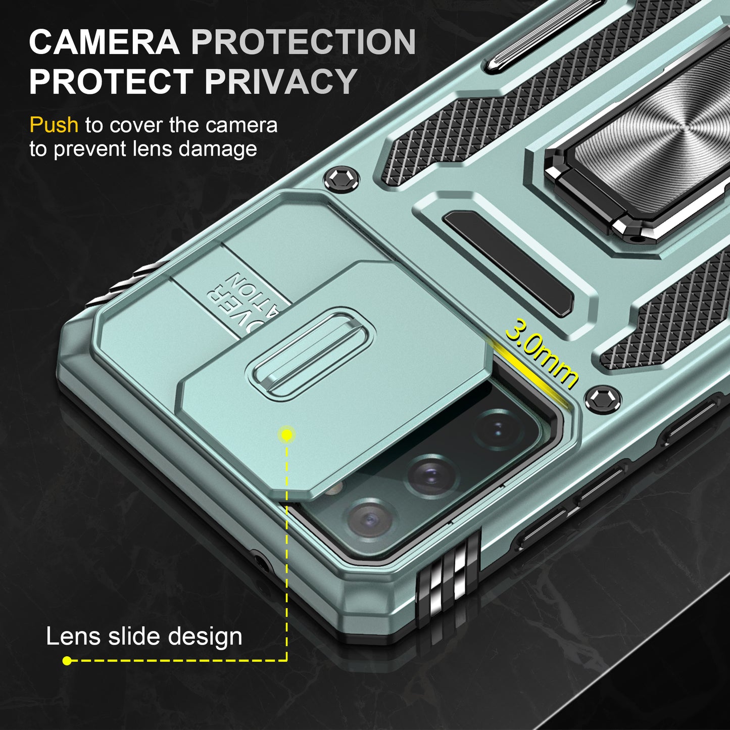 Armor Series for Samsung Galaxy S20 FE 4G / 5G / S20 FE 2022 / S20 Lite Kickstand Design Shockproof Phone Case PC + TPU Protective Back Cover with Slide Camera Cover - Green