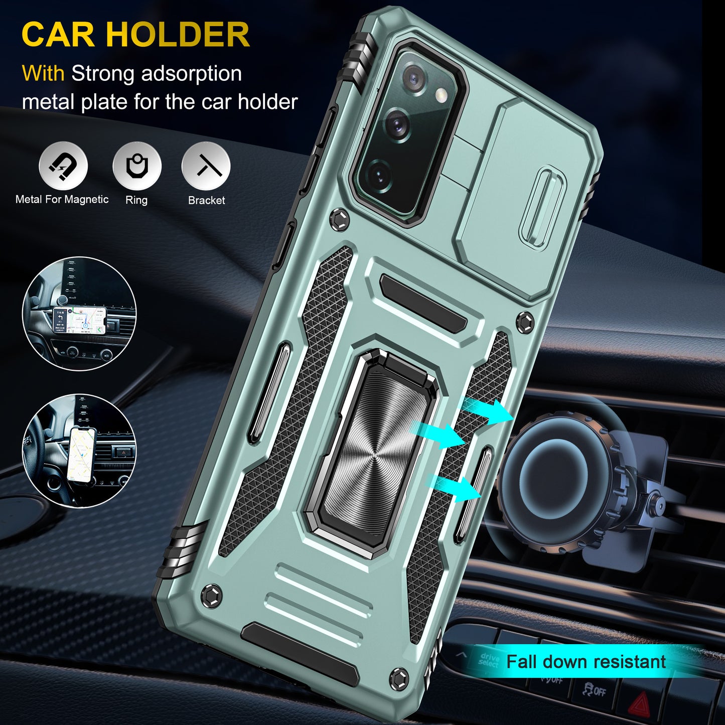 Armor Series for Samsung Galaxy S20 FE 4G / 5G / S20 FE 2022 / S20 Lite Kickstand Design Shockproof Phone Case PC + TPU Protective Back Cover with Slide Camera Cover - Green
