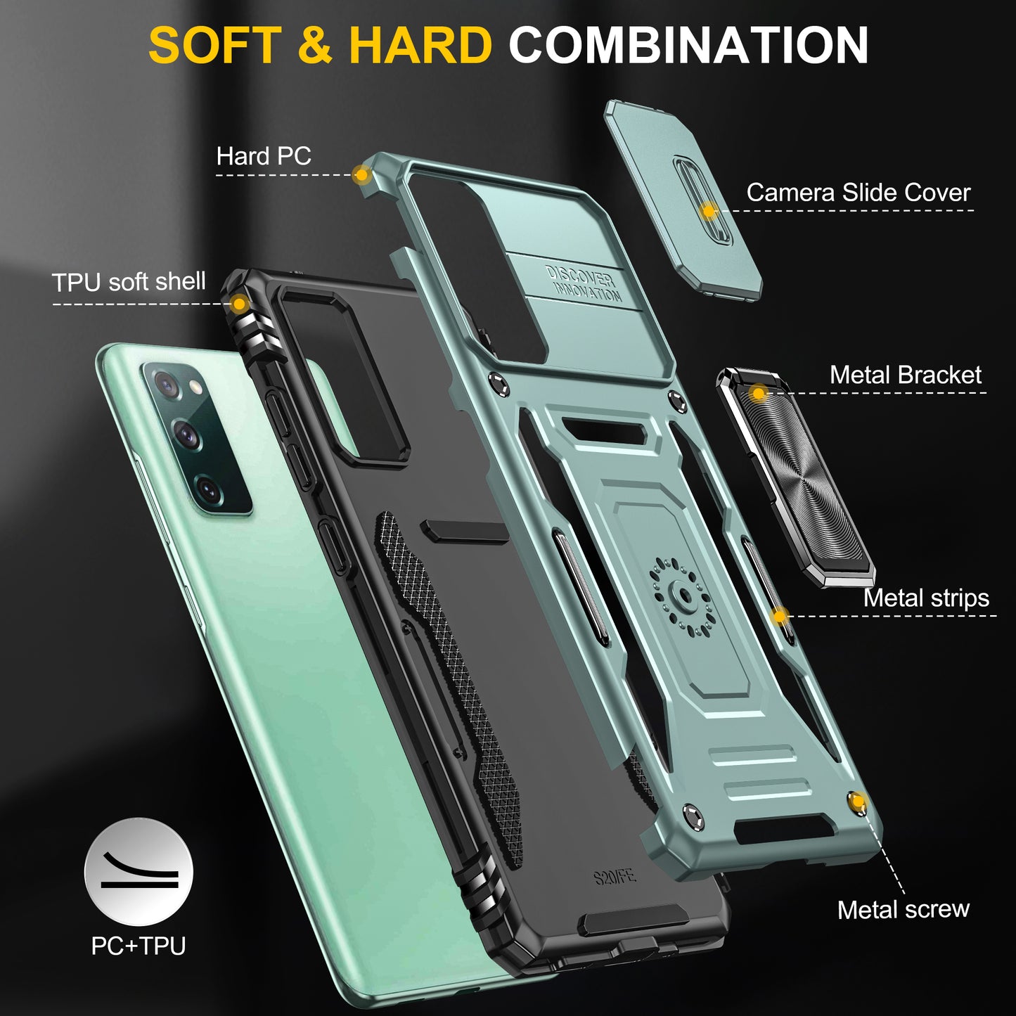 Armor Series for Samsung Galaxy S20 FE 4G / 5G / S20 FE 2022 / S20 Lite Kickstand Design Shockproof Phone Case PC + TPU Protective Back Cover with Slide Camera Cover - Green