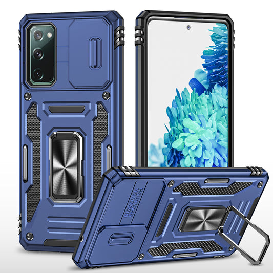 Armor Series for Samsung Galaxy S20 FE 4G / 5G / S20 FE 2022 / S20 Lite Kickstand Design Shockproof Phone Case PC + TPU Protective Back Cover with Slide Camera Cover - Navy Blue