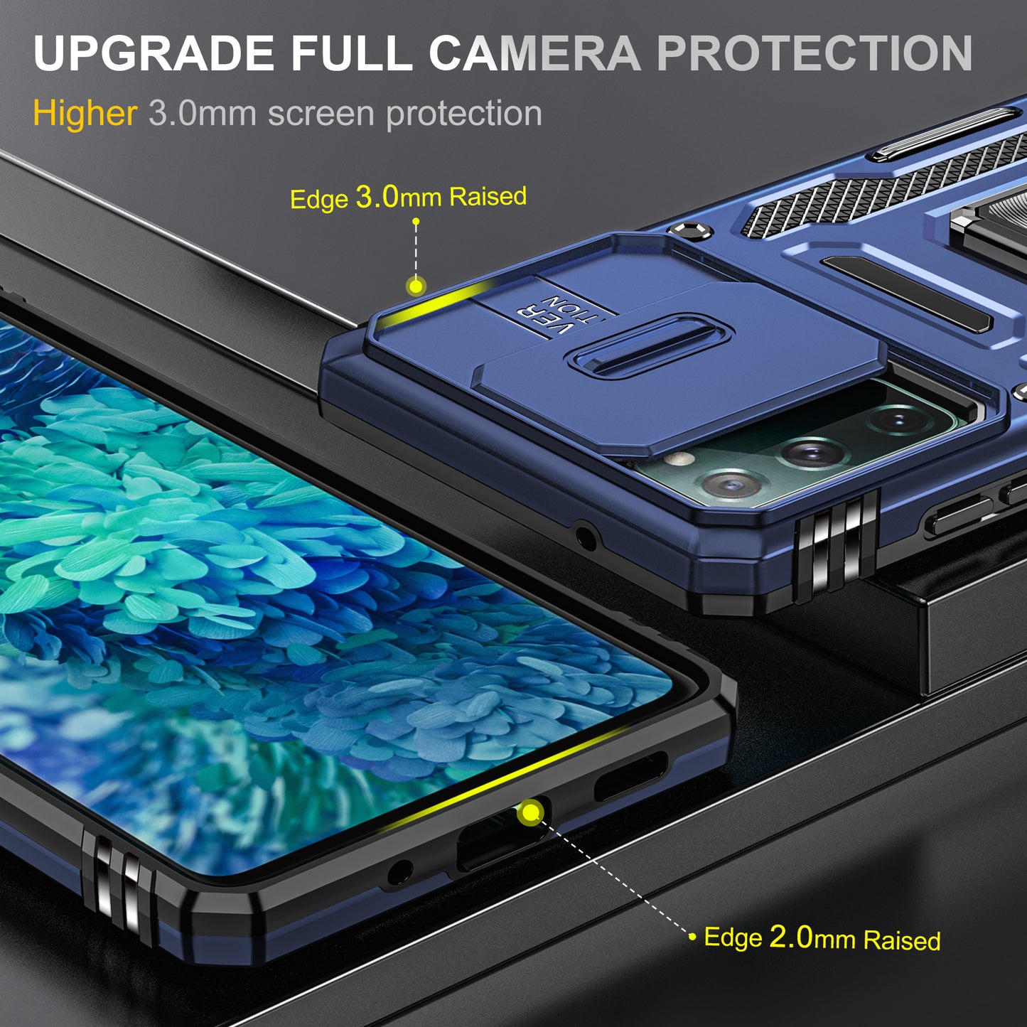 Armor Series for Samsung Galaxy S20 FE 4G / 5G / S20 FE 2022 / S20 Lite Kickstand Design Shockproof Phone Case PC + TPU Protective Back Cover with Slide Camera Cover - Navy Blue