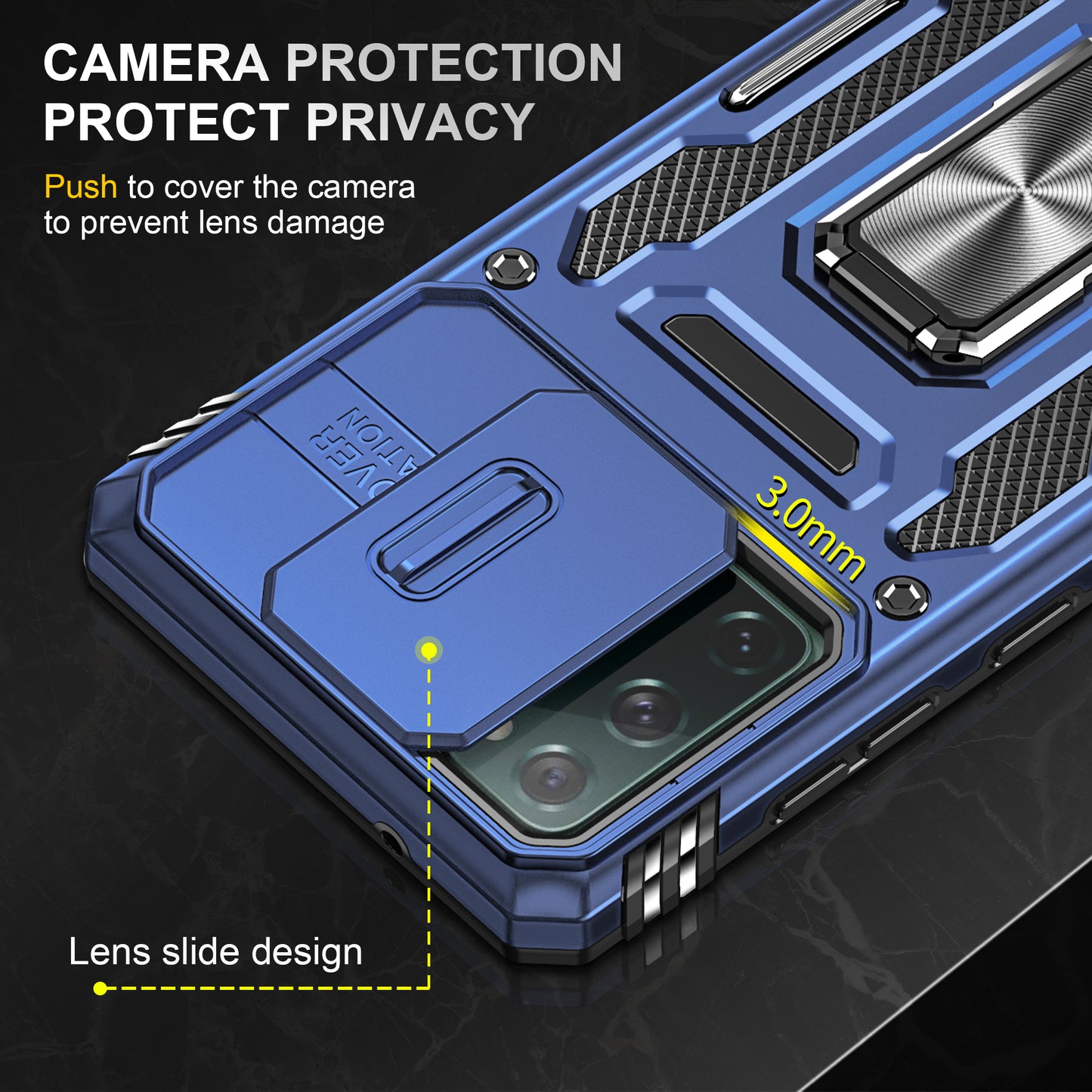 Armor Series for Samsung Galaxy S20 FE 4G / 5G / S20 FE 2022 / S20 Lite Kickstand Design Shockproof Phone Case PC + TPU Protective Back Cover with Slide Camera Cover - Navy Blue