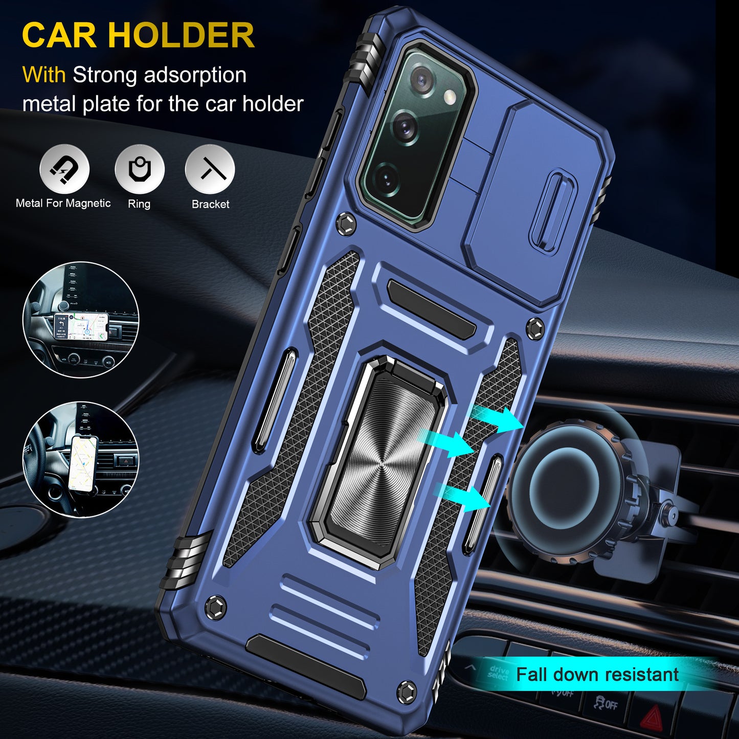 Armor Series for Samsung Galaxy S20 FE 4G / 5G / S20 FE 2022 / S20 Lite Kickstand Design Shockproof Phone Case PC + TPU Protective Back Cover with Slide Camera Cover - Navy Blue