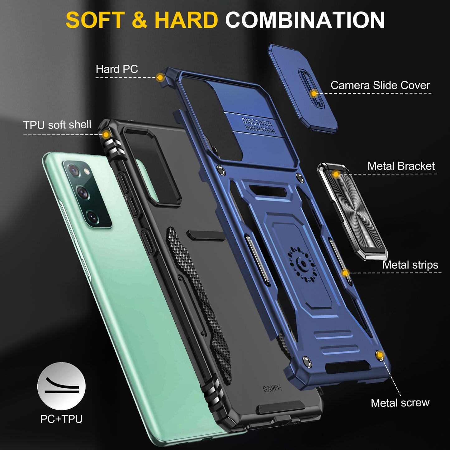 Armor Series for Samsung Galaxy S20 FE 4G / 5G / S20 FE 2022 / S20 Lite Kickstand Design Shockproof Phone Case PC + TPU Protective Back Cover with Slide Camera Cover - Navy Blue